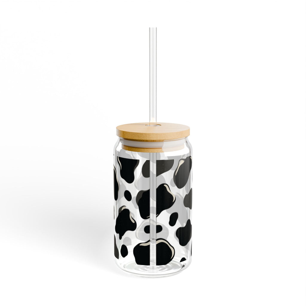 16oz Glass Sipper Cup with Bamboo Lid — Inspirational Quote 'Cow print'