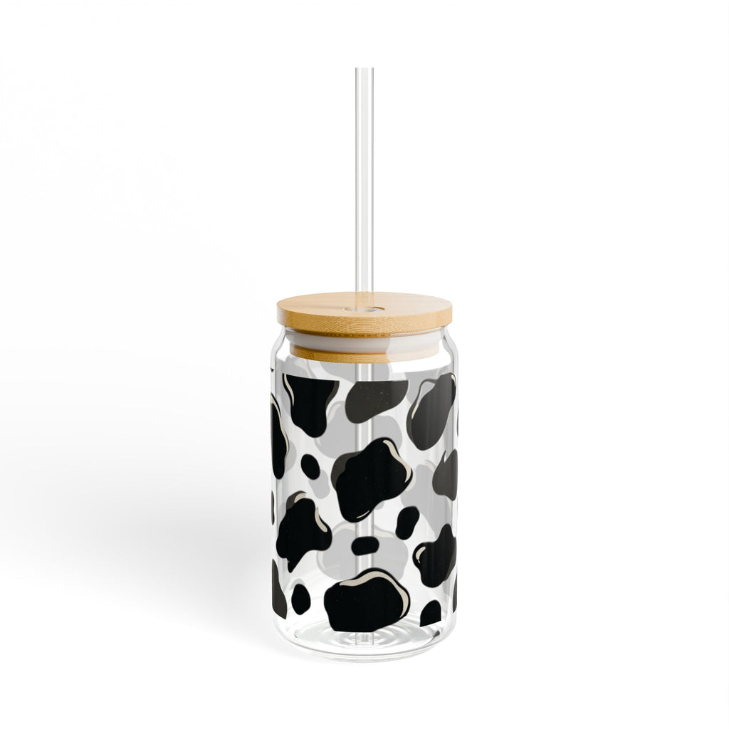 16oz Glass Sipper Cup with Bamboo Lid — Inspirational Quote 'Cow print'
