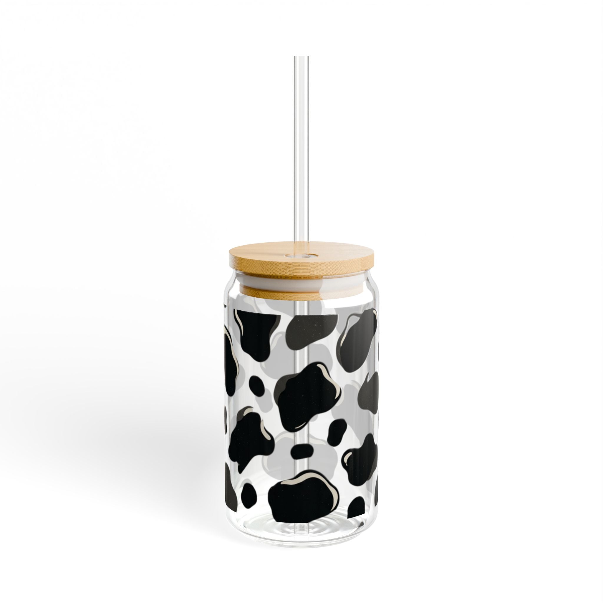 16oz Glass Sipper Cup with Bamboo Lid — Inspirational Quote 'Cow print'
