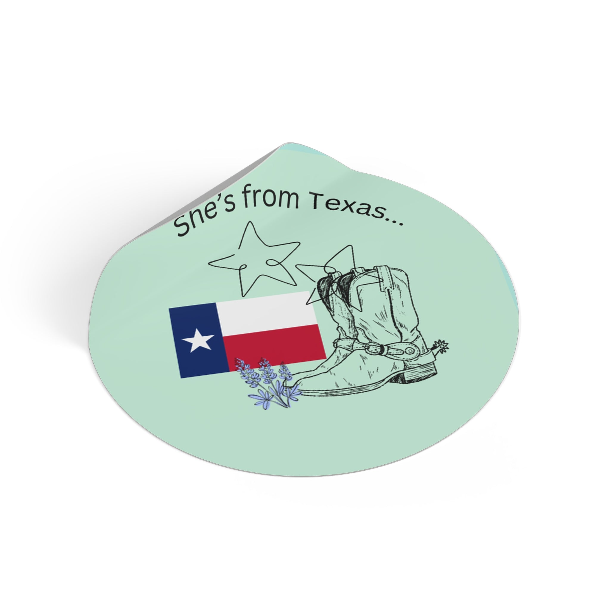 She's From Texas Round Vinyl Sticker – Cowgirl Boots & Texas Flag Decal