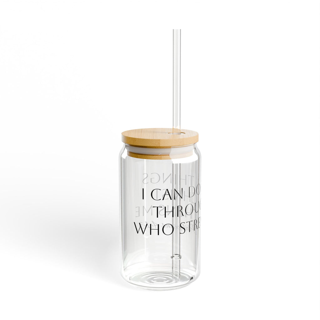 16oz Glass Sipper Cup with Bamboo Lid — Inspirational Quote 'I can do all things through Christ'