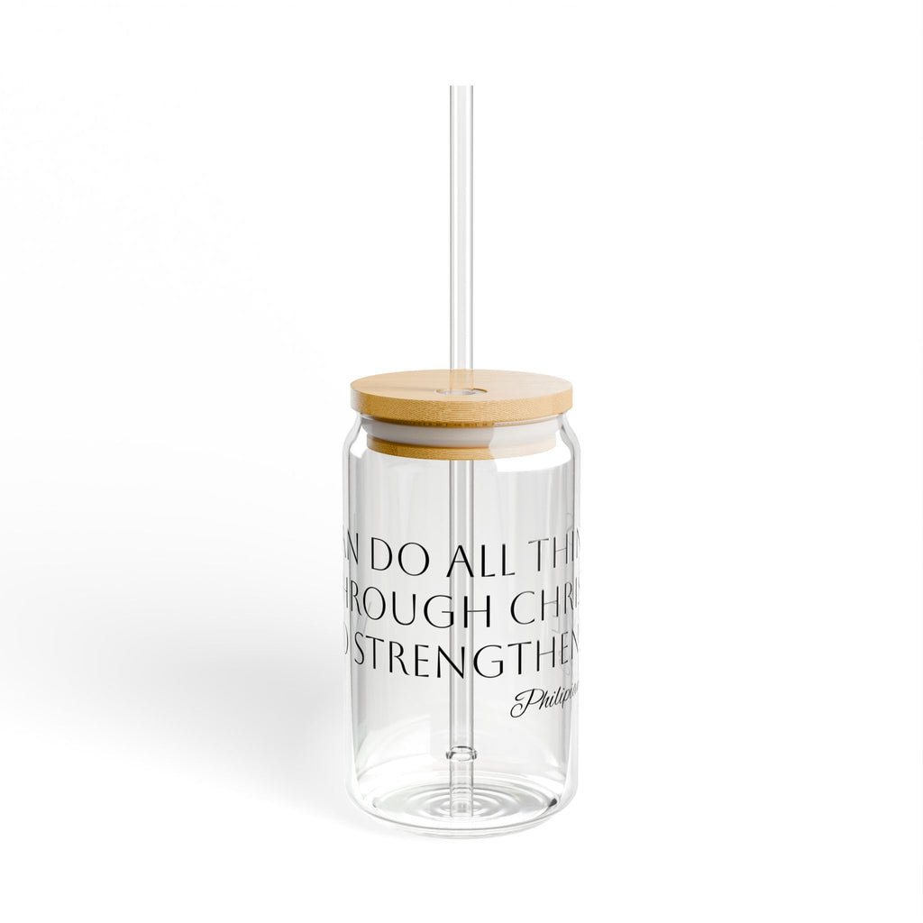 16oz Glass Sipper Cup with Bamboo Lid — Inspirational Quote 'I can do all things through Christ'