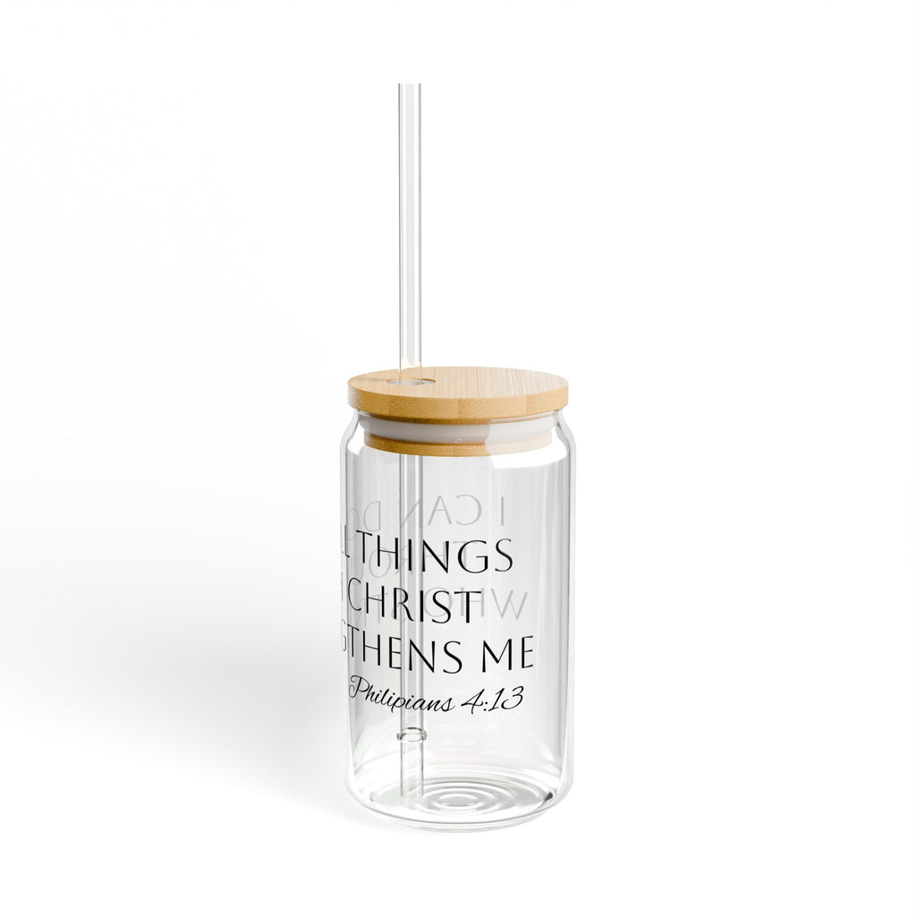 16oz Glass Sipper Cup with Bamboo Lid — Inspirational Quote 'I can do all things through Christ'