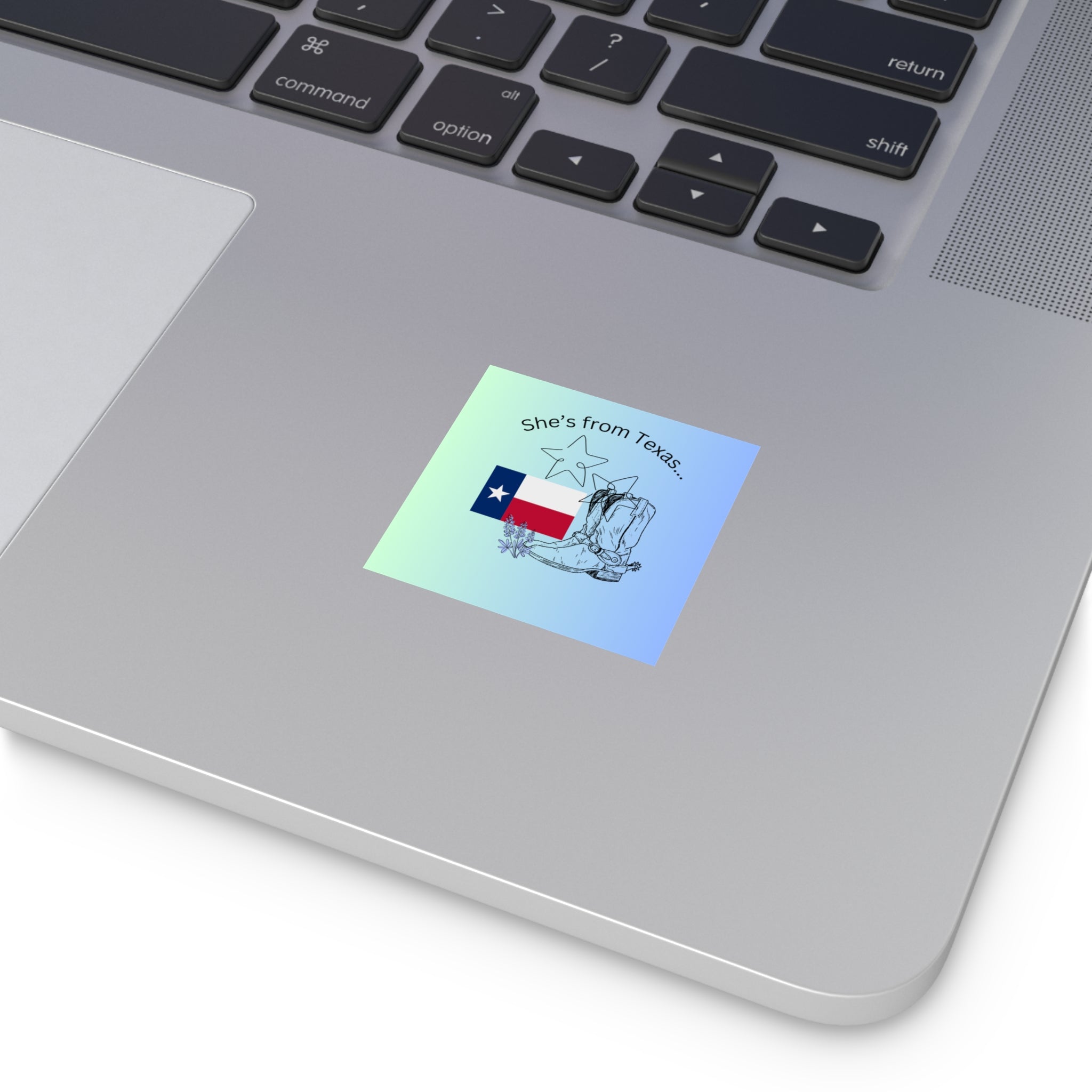 She's From Texas Square Vinyl Sticker — Lone Star Flag & Cowboy Boots