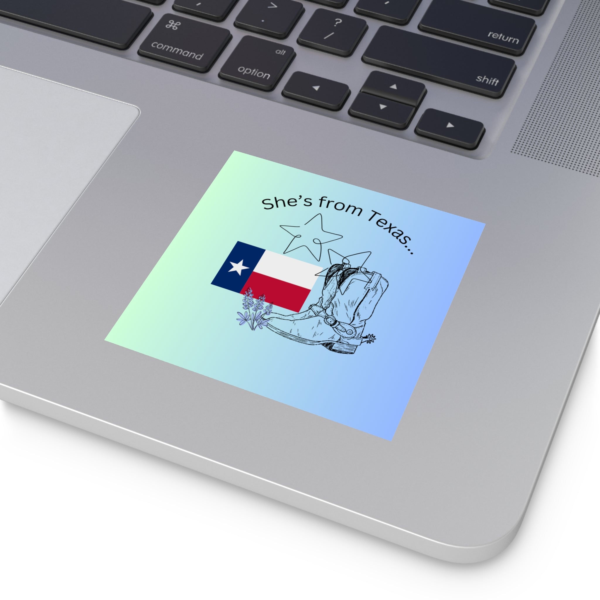 She's From Texas Square Vinyl Sticker — Lone Star Flag & Cowboy Boots