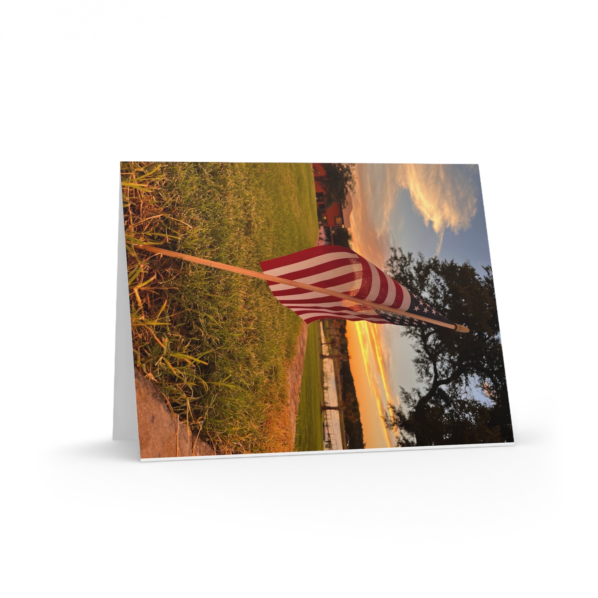 Patriotic Sunset Flag Greeting Cards — Pack of 8/16/24
