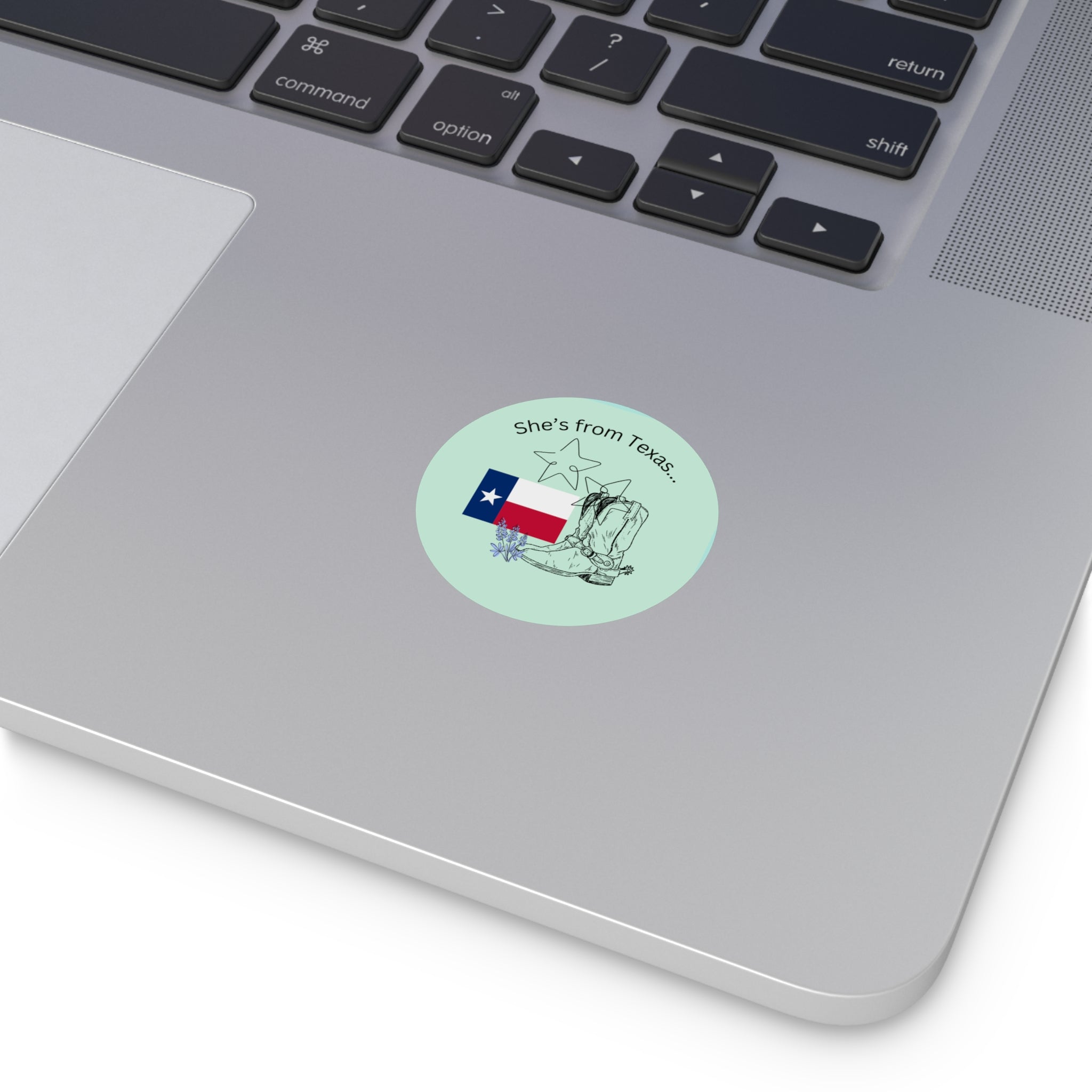 She's From Texas Round Vinyl Sticker – Cowgirl Boots & Texas Flag Decal