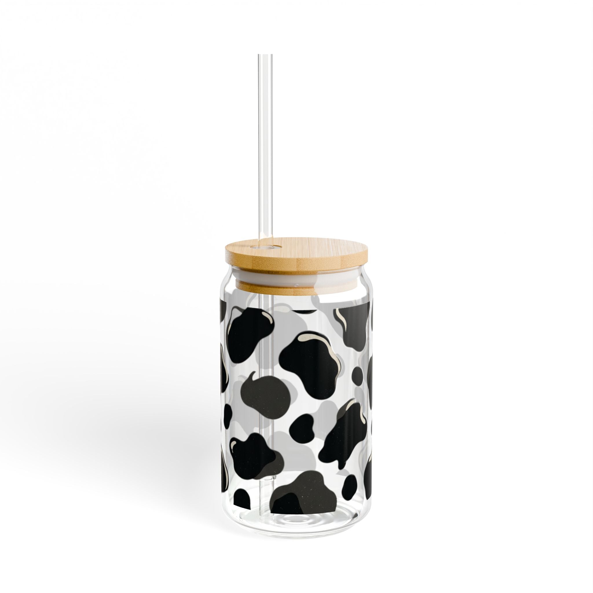 16oz Glass Sipper Cup with Bamboo Lid — Inspirational Quote 'Cow print'